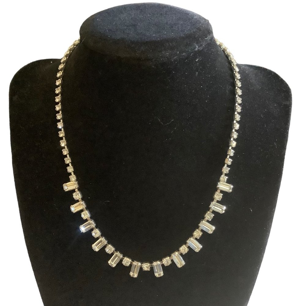 Vintage 1950s Rhinestone Gem Statement Necklace Costume Jewelry Silver Tone